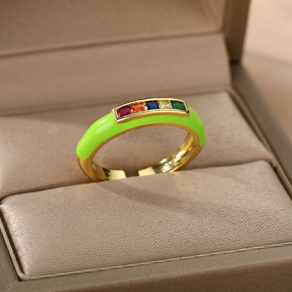Enamel Multicolor Zircon Rings For Women Stainless Steel Dripping Oil Open Adjustable Finger Ring 2023 Trend Party Jewerly Gift