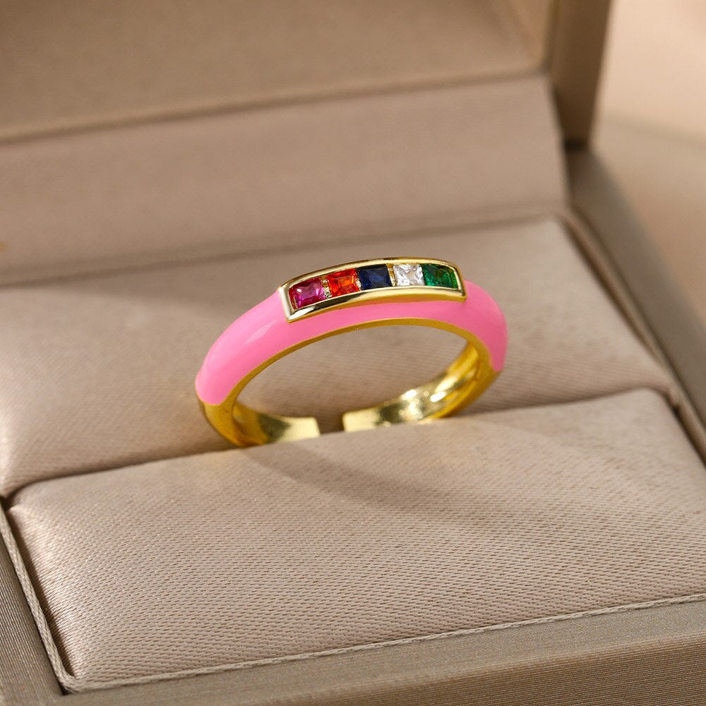 Enamel Multicolor Zircon Rings For Women Stainless Steel Dripping Oil Open Adjustable Finger Ring 2023 Trend Party Jewerly Gift