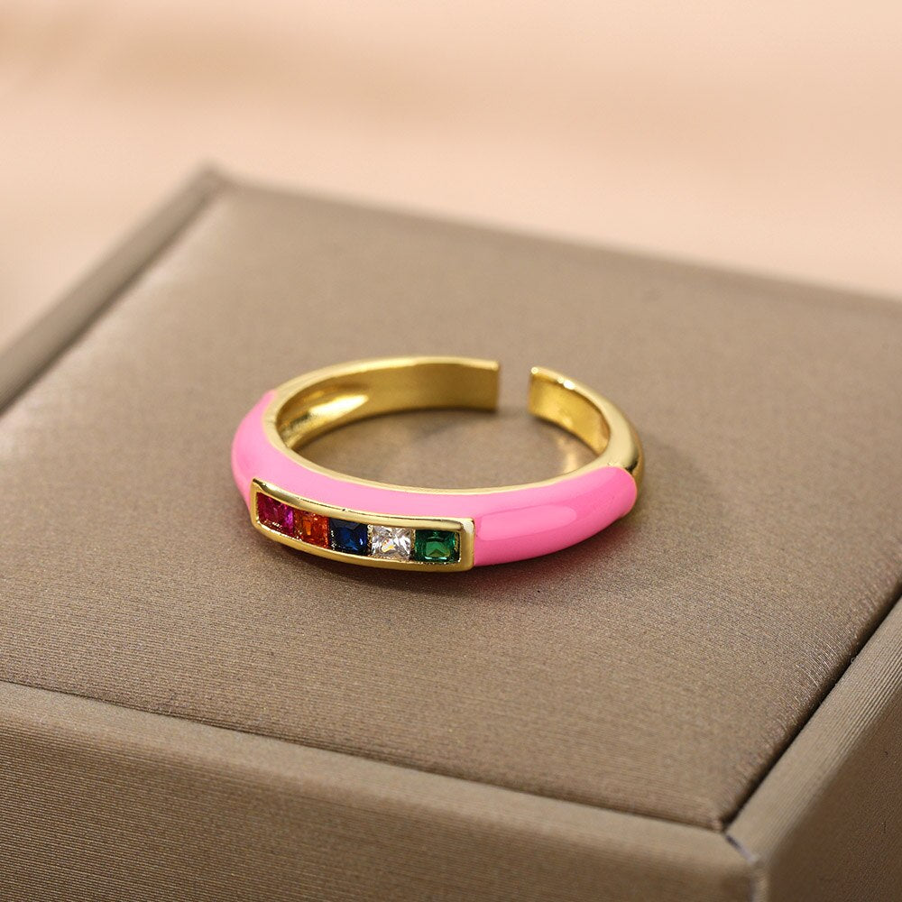 Enamel Multicolor Zircon Rings For Women Stainless Steel Dripping Oil Open Adjustable Finger Ring 2023 Trend Party Jewerly Gift
