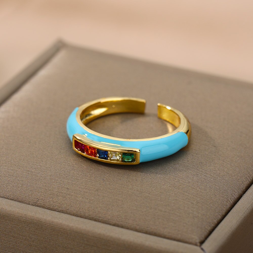 Enamel Multicolor Zircon Rings For Women Stainless Steel Dripping Oil Open Adjustable Finger Ring 2023 Trend Party Jewerly Gift