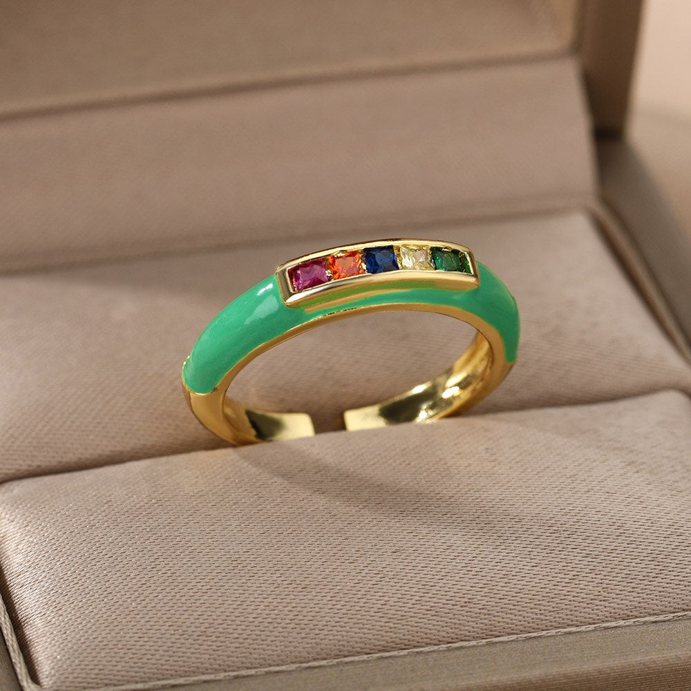 Enamel Multicolor Zircon Rings For Women Stainless Steel Dripping Oil Open Adjustable Finger Ring 2023 Trend Party Jewerly Gift