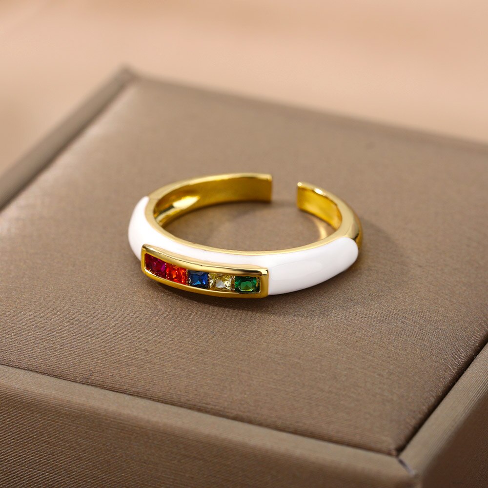 Enamel Multicolor Zircon Rings For Women Stainless Steel Dripping Oil Open Adjustable Finger Ring 2023 Trend Party Jewerly Gift