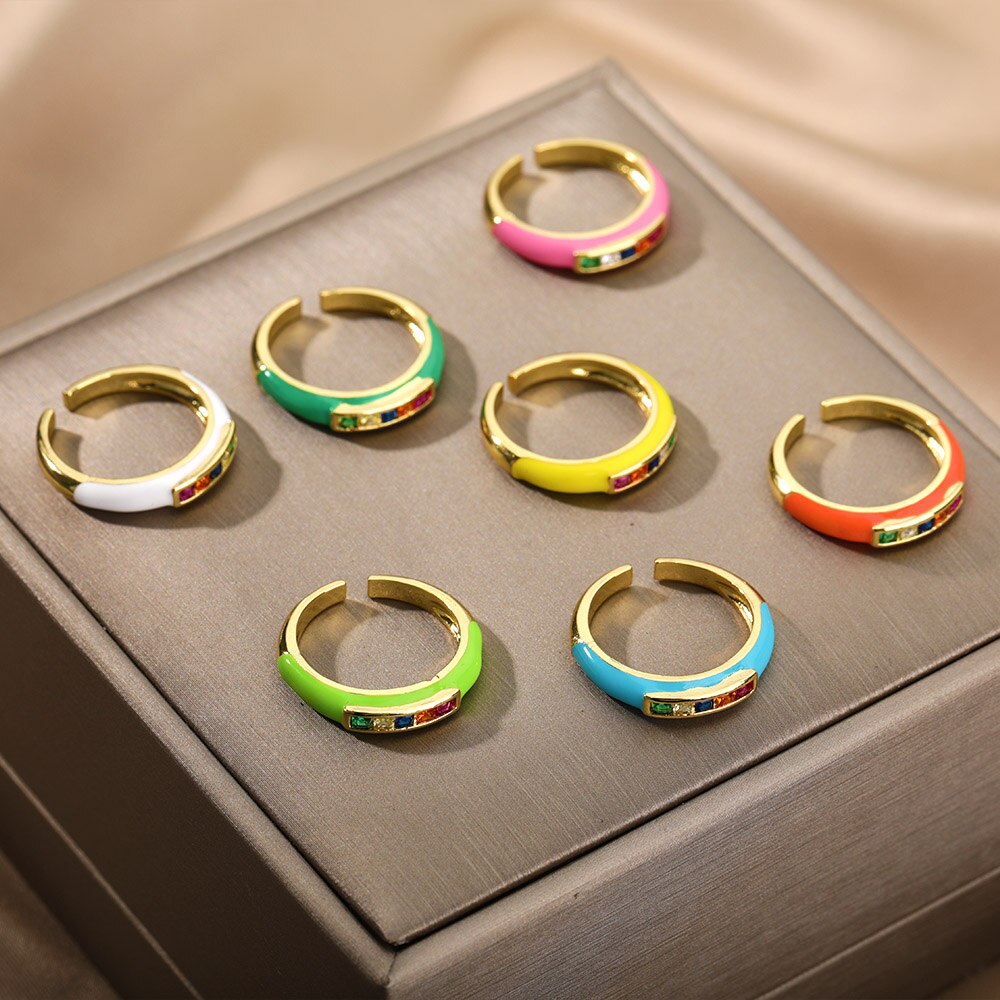 Enamel Multicolor Zircon Rings For Women Stainless Steel Dripping Oil Open Adjustable Finger Ring 2023 Trend Party Jewerly Gift