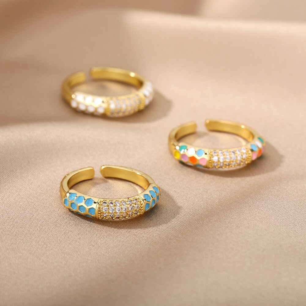Enamel Rings For Women Adjustable Open Stainless Steel Colorful Zircon Gold Color Ring Aesthetic Couple Jewelry anillos mujer