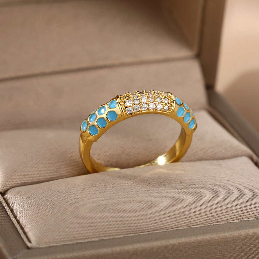 Enamel Rings For Women Adjustable Open Stainless Steel Colorful Zircon Gold Color Ring Aesthetic Couple Jewelry anillos mujer