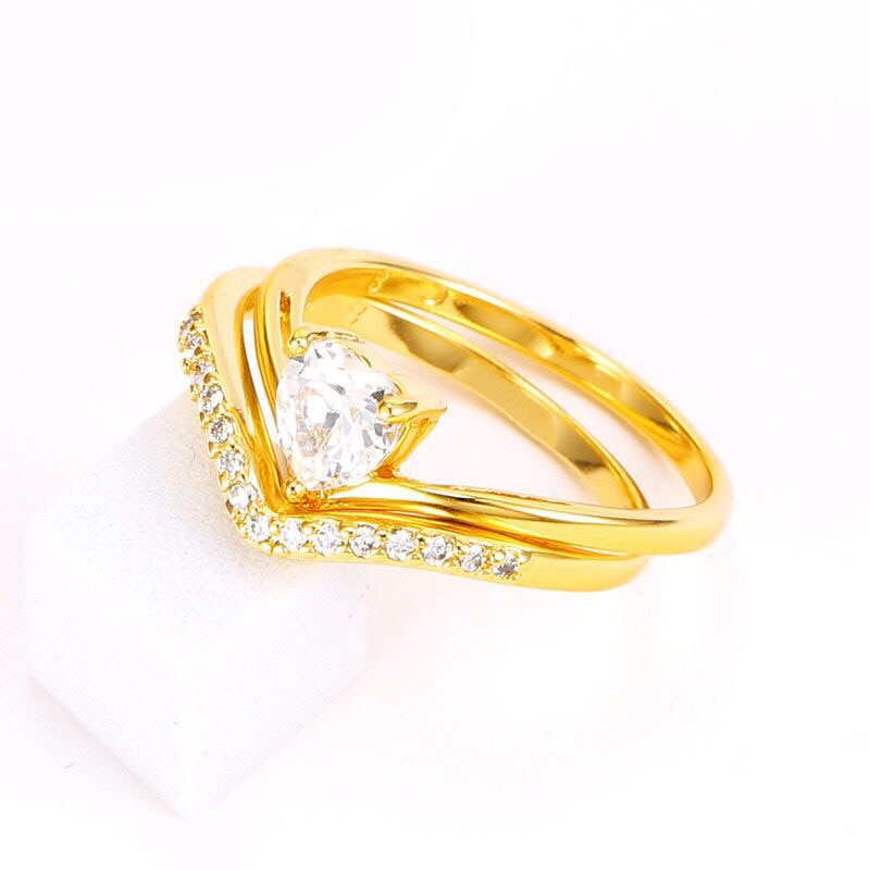 Engagement Double Love Heart Ring For Couples Men Women Wedding Rings Set Bijoux 24 k Pure Gold color Original Design