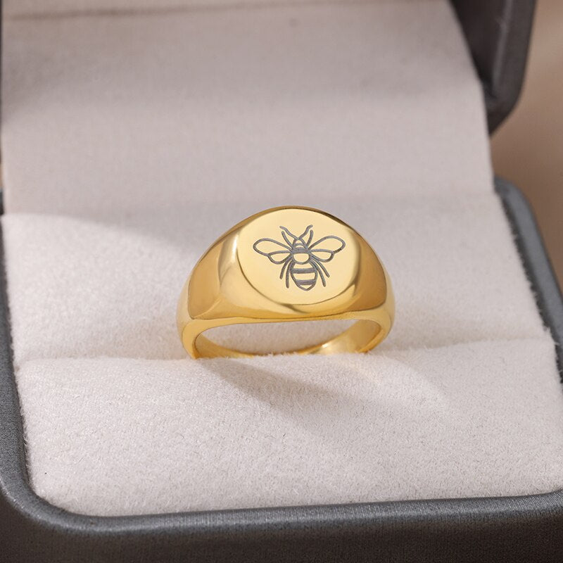 Engraved Bee Rings for Women Men Size 6-10 Stainless Steel Gold Color Ring Vintage Gothic Aesthetic Jewelry anillos mujer