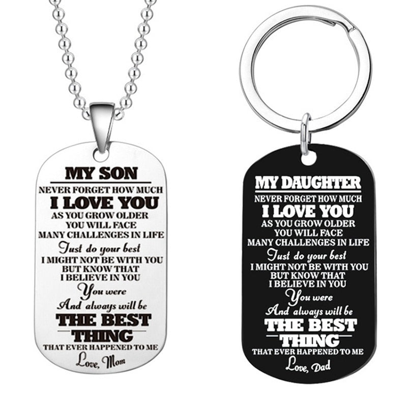 Engraved Black Stainless Steel Necklace To My Daughter Son Big Metal Tags Pendants Necklaces Love Gifts From Mom Dad