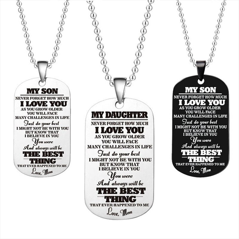 Engraved Black Stainless Steel Necklace To My Daughter Son Big Metal Tags Pendants Necklaces Love Gifts From Mom Dad