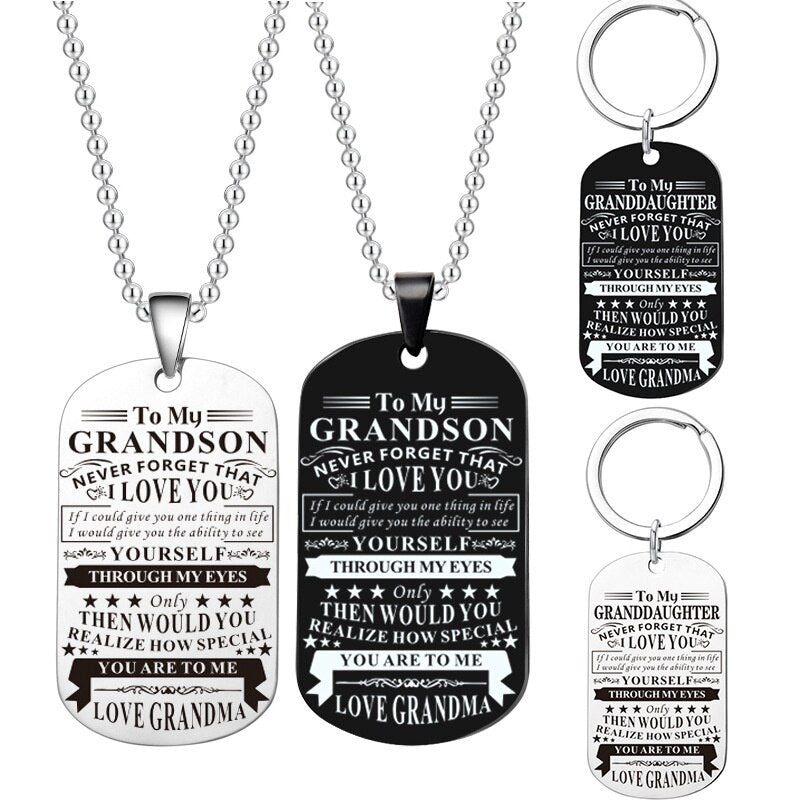 Engraved Black Stainless Steel Necklace To My Grandson Big Metal Tags Pendants Necklaces Love Gifts From Grandma Grandpa