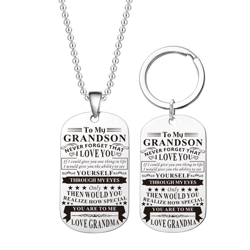 Engraved Black Stainless Steel Necklace To My Grandson Big Metal Tags Pendants Necklaces Love Gifts From Grandma Grandpa