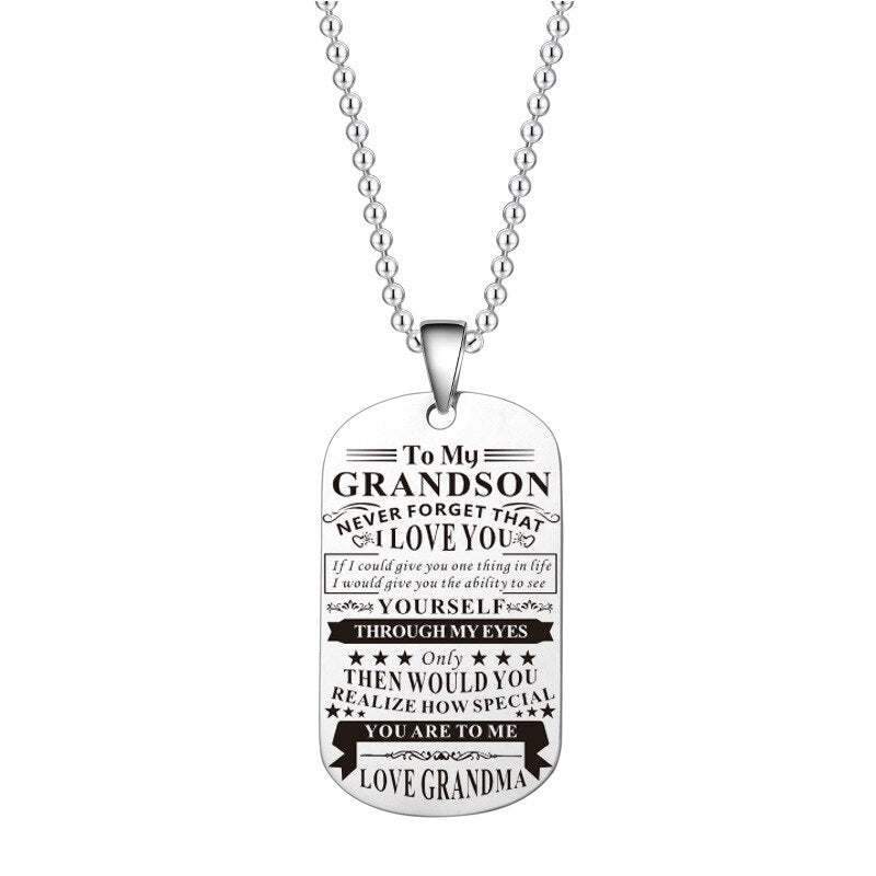 Engraved Black Stainless Steel Necklace To My Grandson Big Metal Tags Pendants Necklaces Love Gifts From Grandma Grandpa