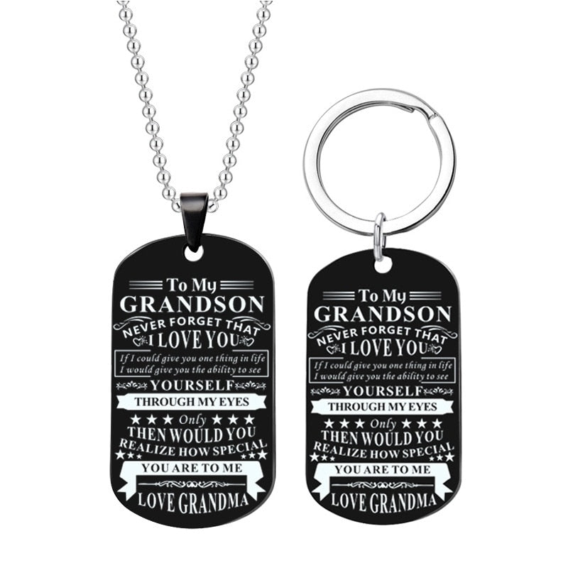 Engraved Black Stainless Steel Necklace To My Grandson Big Metal Tags Pendants Necklaces Love Gifts From Grandma Grandpa