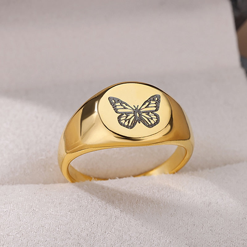 Engraved Butterfly Rings for Women Stainless Steel Wide Chunky Finger Ring 2023 Trend Couple Wedding Aesthetic Jewerly anillos