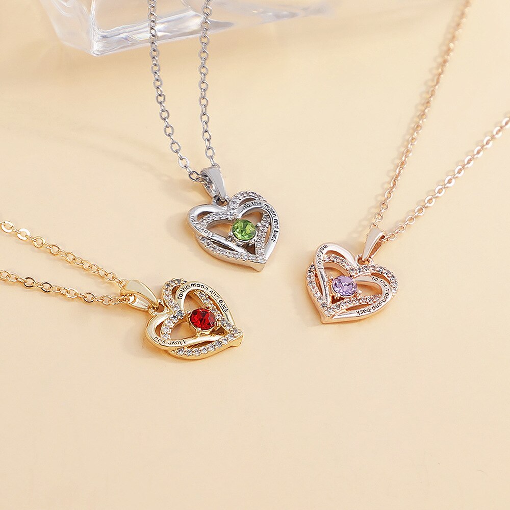 Engraved Forever Love Heart Shape With Birthstone Necklace Inspirational Double Layer Pendant Jewelry Gift For Women Girlfriend