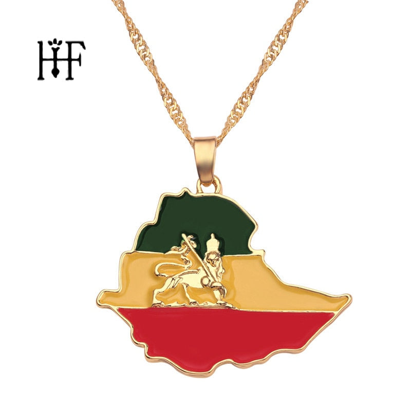 Ethiopian Flag & Lion Map Pendant Necklaces Women/Men Jewelry Gold Color Africa Maps Ethiopia Lion Necklace Bijoux Femme