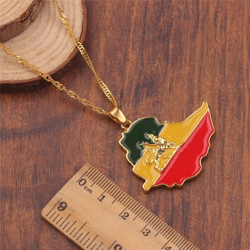 Ethiopian Flag &amp; Lion Map Pendant Necklaces Women/Men Jewelry Gold Color Africa Maps Ethiopia Lion Necklace Bijoux Femme