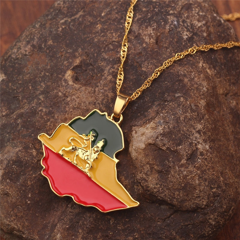 Ethiopian Flag &amp; Lion Map Pendant Necklaces Women/Men Jewelry Gold Color Africa Maps Ethiopia Lion Necklace Bijoux Femme