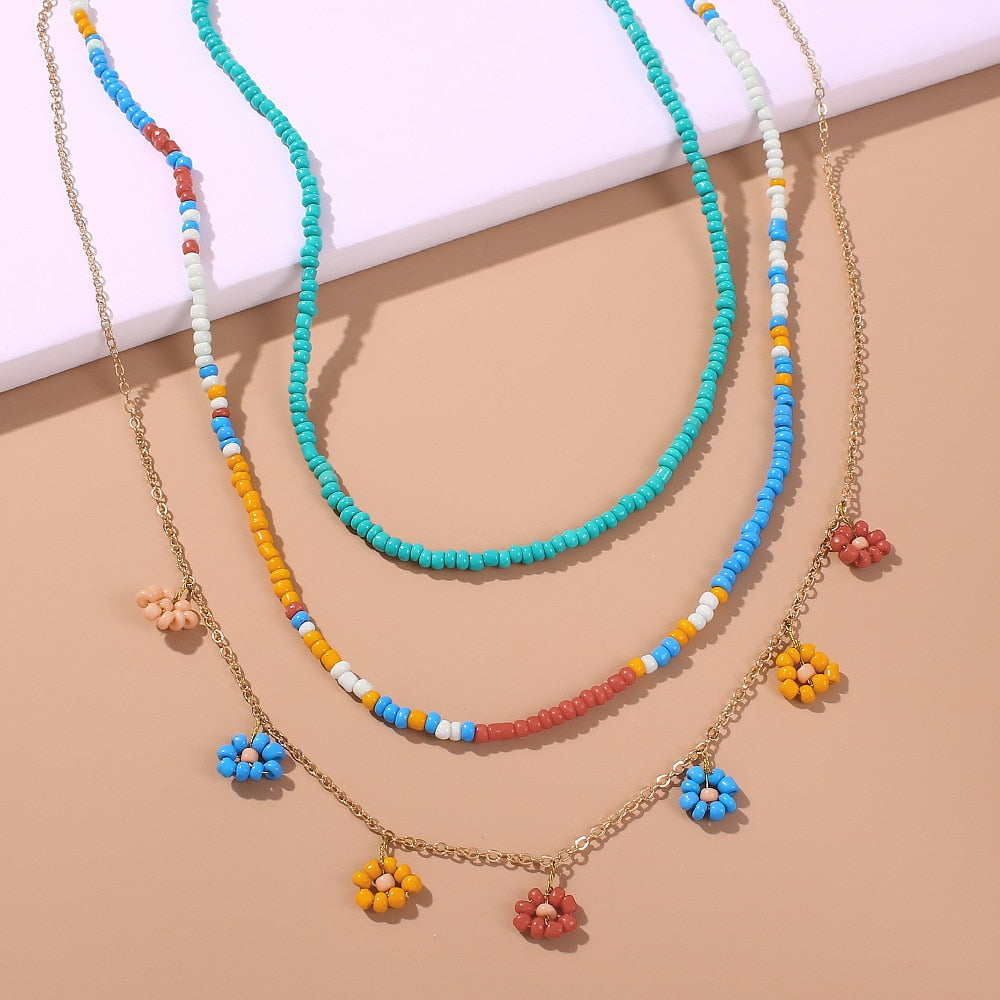 Ethnic Bead Necklace for Women Girl Multi-layers Colorful Flower Pendant Holiday Beach Choker Necklace M3072
