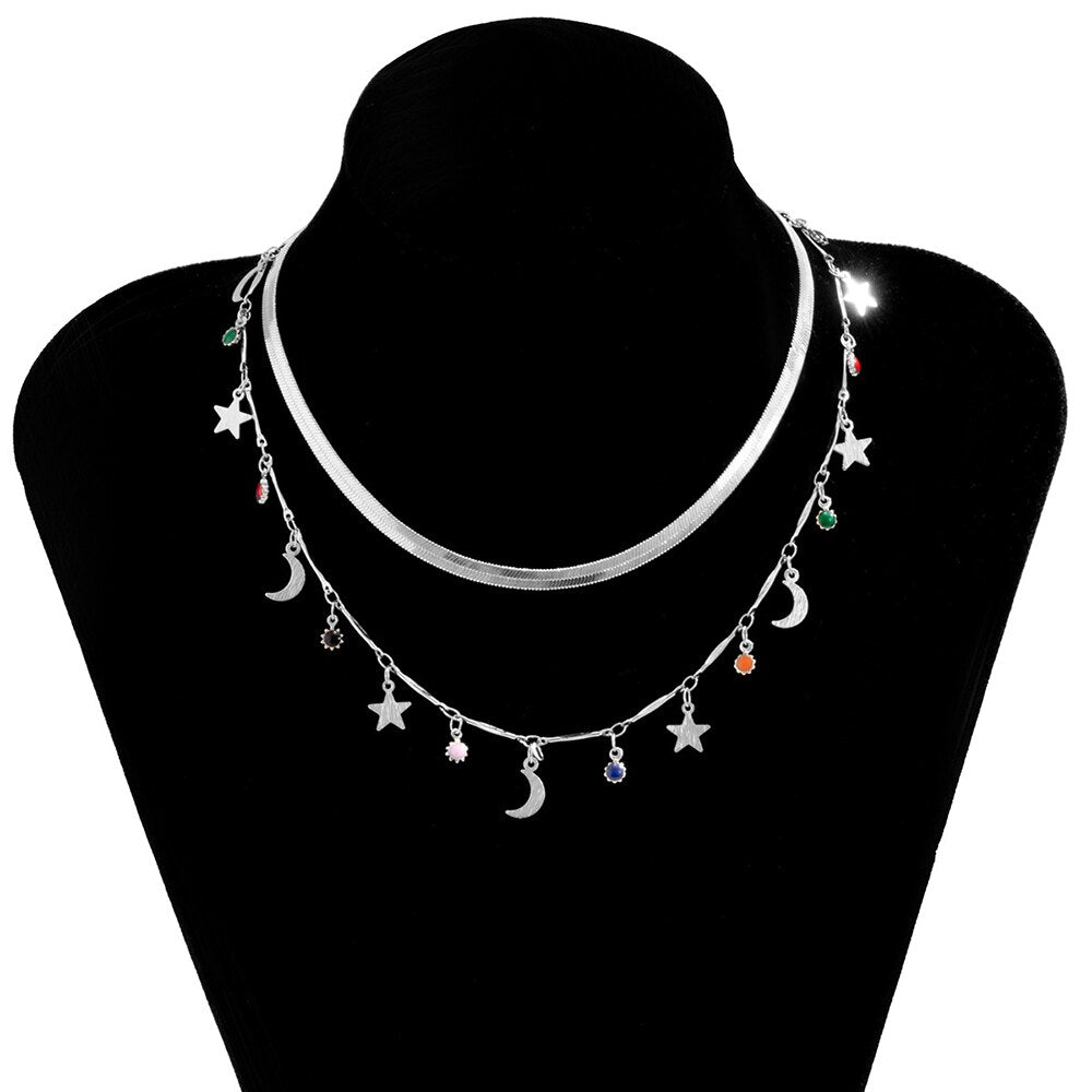 Ethnic Bohemian Multilayer Snake Chain Choker Necklaces For Women Colorful Beaded Star Moon Pendant Necklace Jewelry