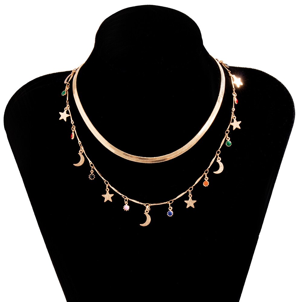 Ethnic Bohemian Multilayer Snake Chain Choker Necklaces For Women Colorful Beaded Star Moon Pendant Necklace Jewelry