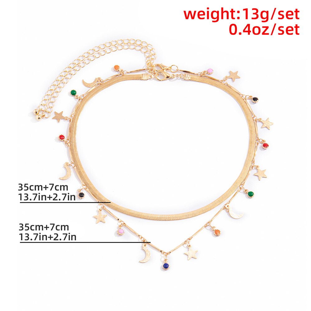 Ethnic Bohemian Multilayer Snake Chain Choker Necklaces For Women Colorful Beaded Star Moon Pendant Necklace Jewelry