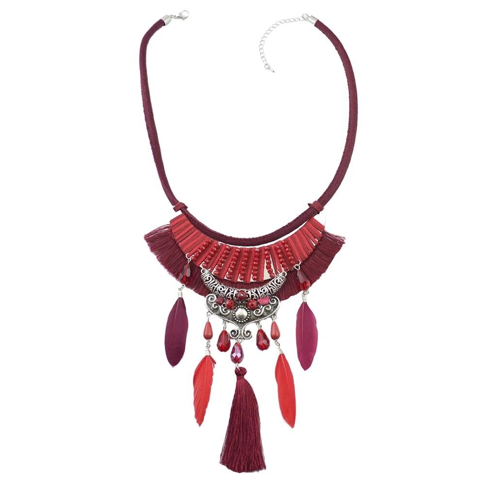 Ethnic Bohemian Rope Leather Necklace Feather Cotton Fringed Tassel Necklace Gypsy Tribal collier femme Party Jewelry Gift