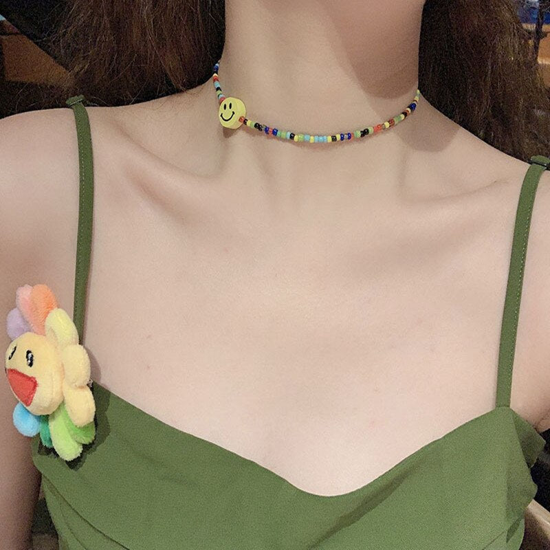 Ethnic Colorful Rice Bead Necklace Bohemian Smiley Women's Neck Chain Cute Handmade Beads Bracelet Christmas Gift Girl