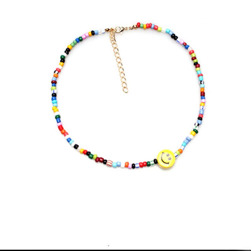 Ethnic Colorful Rice Bead Necklace Bohemian Smiley Women's Neck Chain Cute Handmade Beads Bracelet Christmas Gift Girl