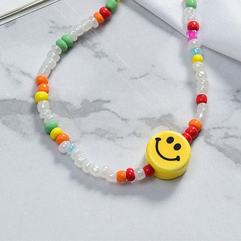 Ethnic Colorful Rice Bead Necklace Bohemian Smiley Women's Neck Chain Cute Handmade Beads Bracelet Christmas Gift Girl