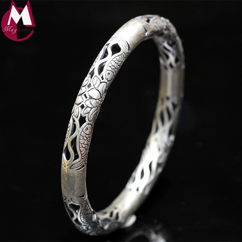 Ethnic Hollow Women Bracelets & Bangles 100% 990 Sterling Silver Bracelets For Women Vintage Flower Fish Indian Jewelry SB23