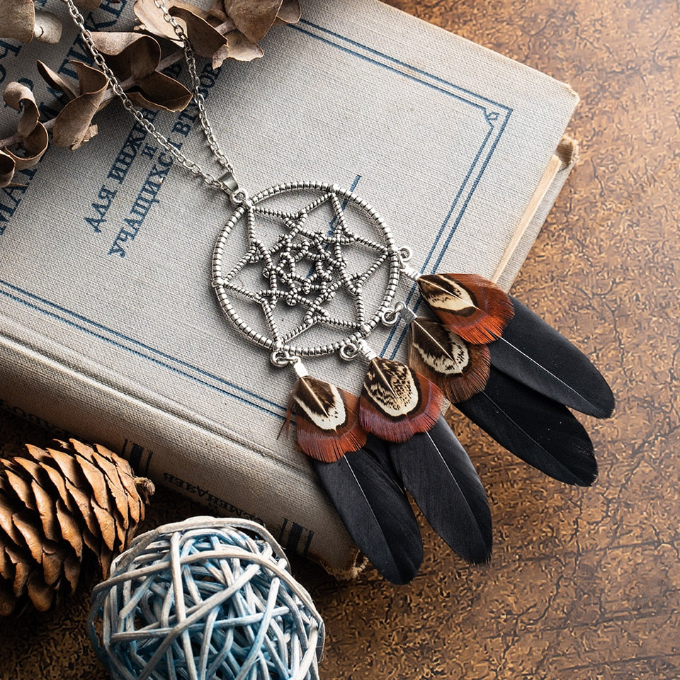 Ethnic Long Black Brown Feather Leather Chain Necklaces for Women Girls Vintage Dream Catcher Pendants Sweater Necklace Jewelry