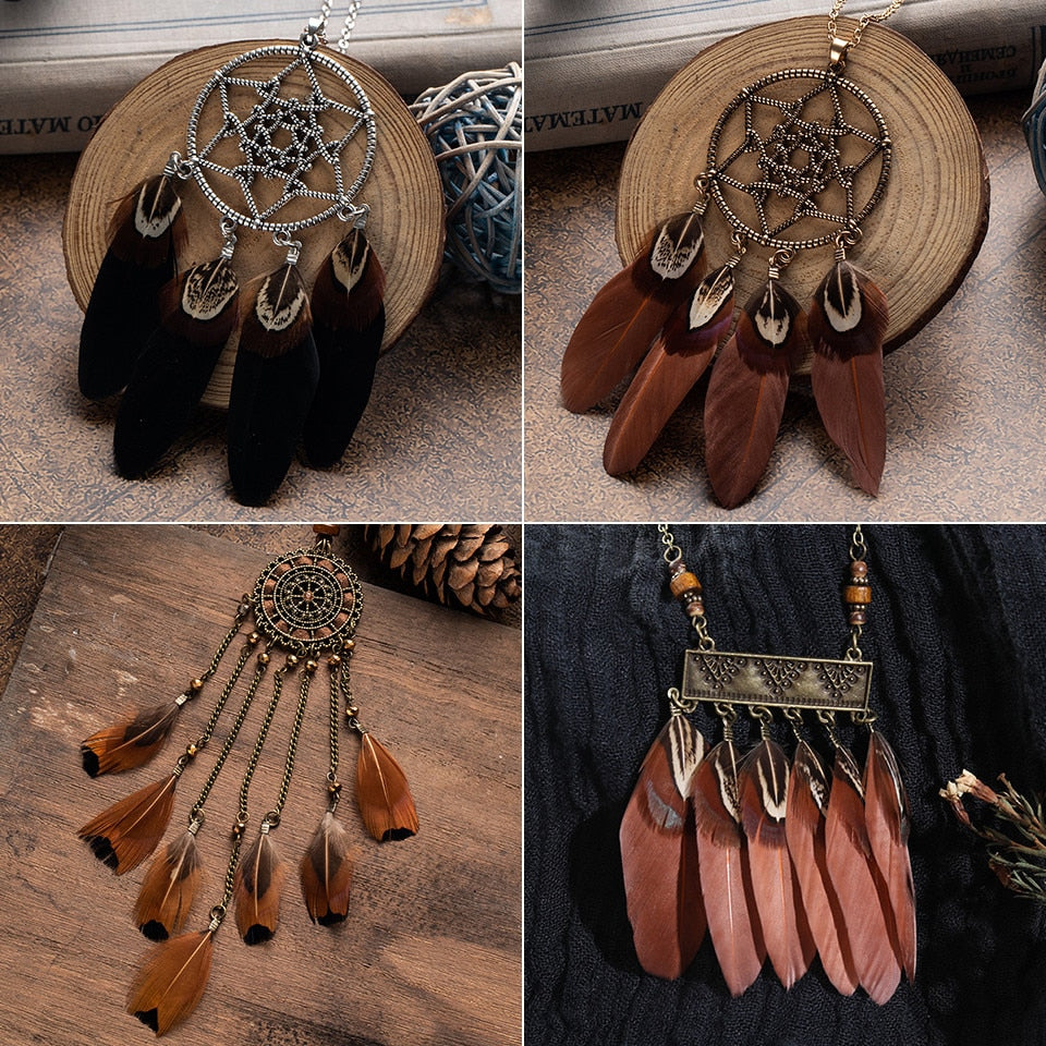 Ethnic Long Black Brown Feather Leather Chain Necklaces for Women Girls Vintage Dream Catcher Pendants Sweater Necklace Jewelry