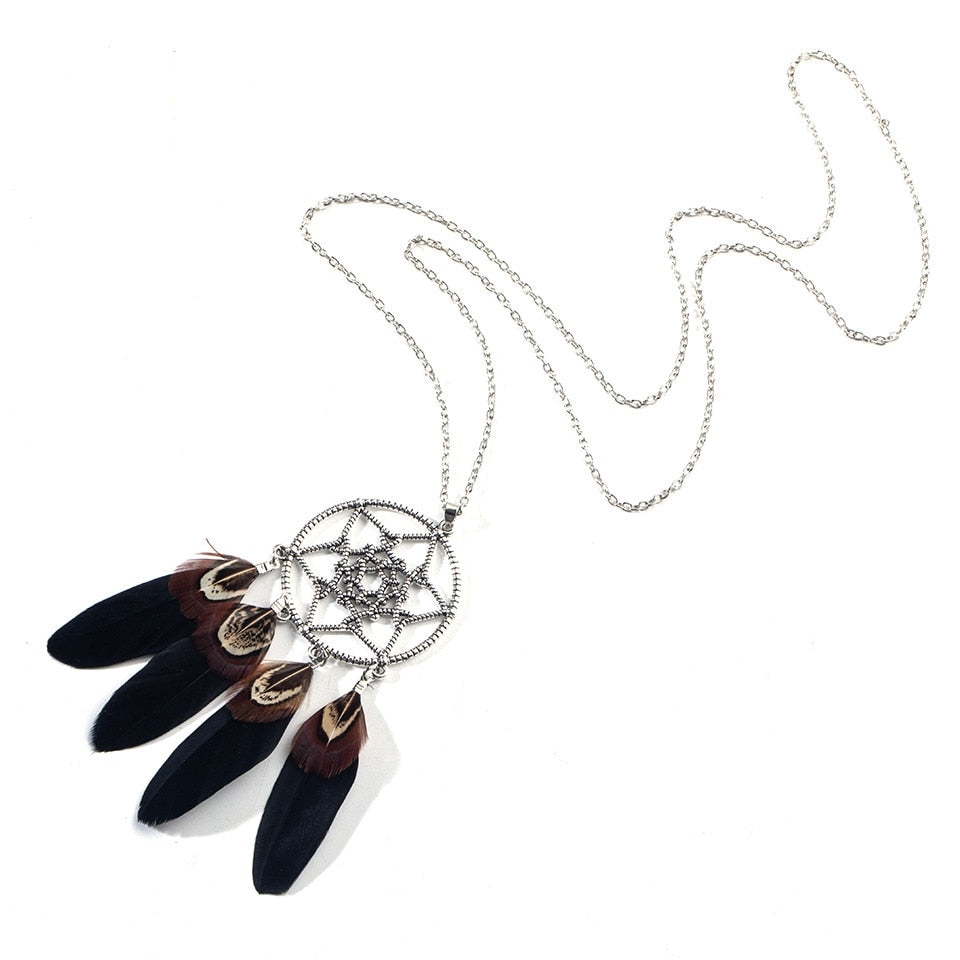 Ethnic Long Black Brown Feather Leather Chain Necklaces for Women Girls Vintage Dream Catcher Pendants Sweater Necklace Jewelry