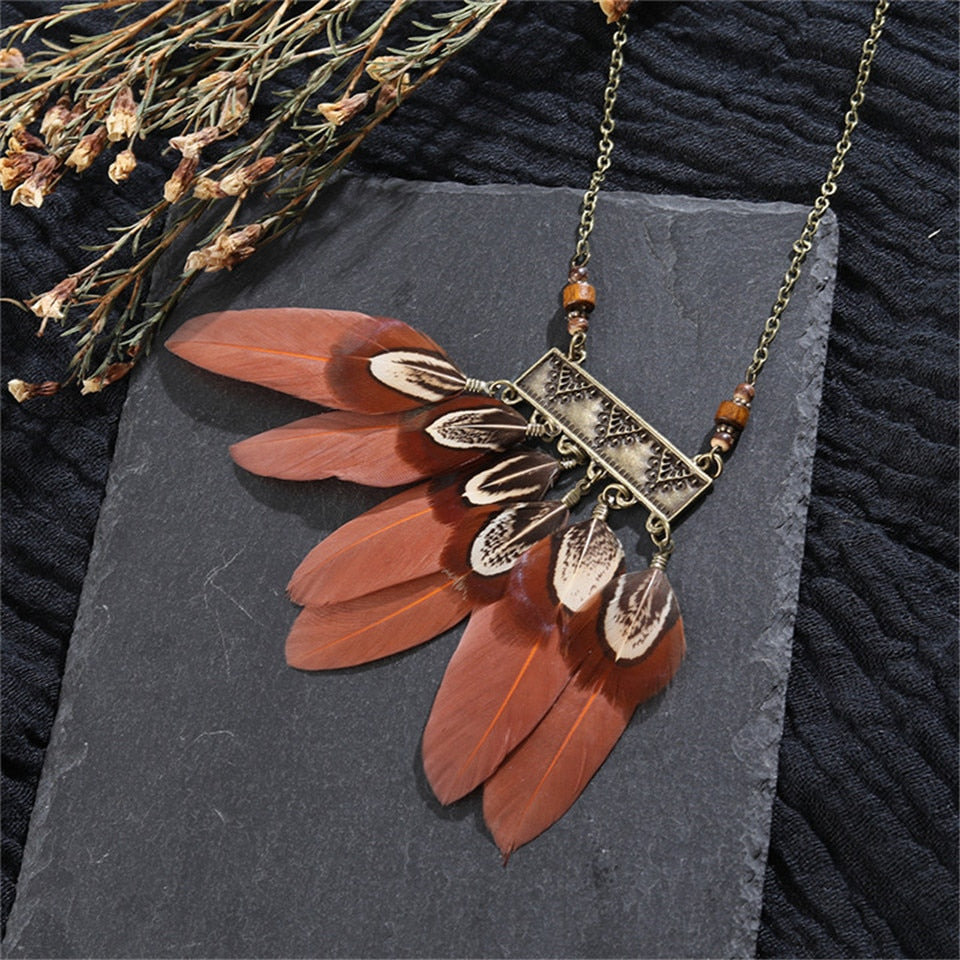 Ethnic Long Black Brown Feather Leather Chain Necklaces for Women Girls Vintage Dream Catcher Pendants Sweater Necklace Jewelry