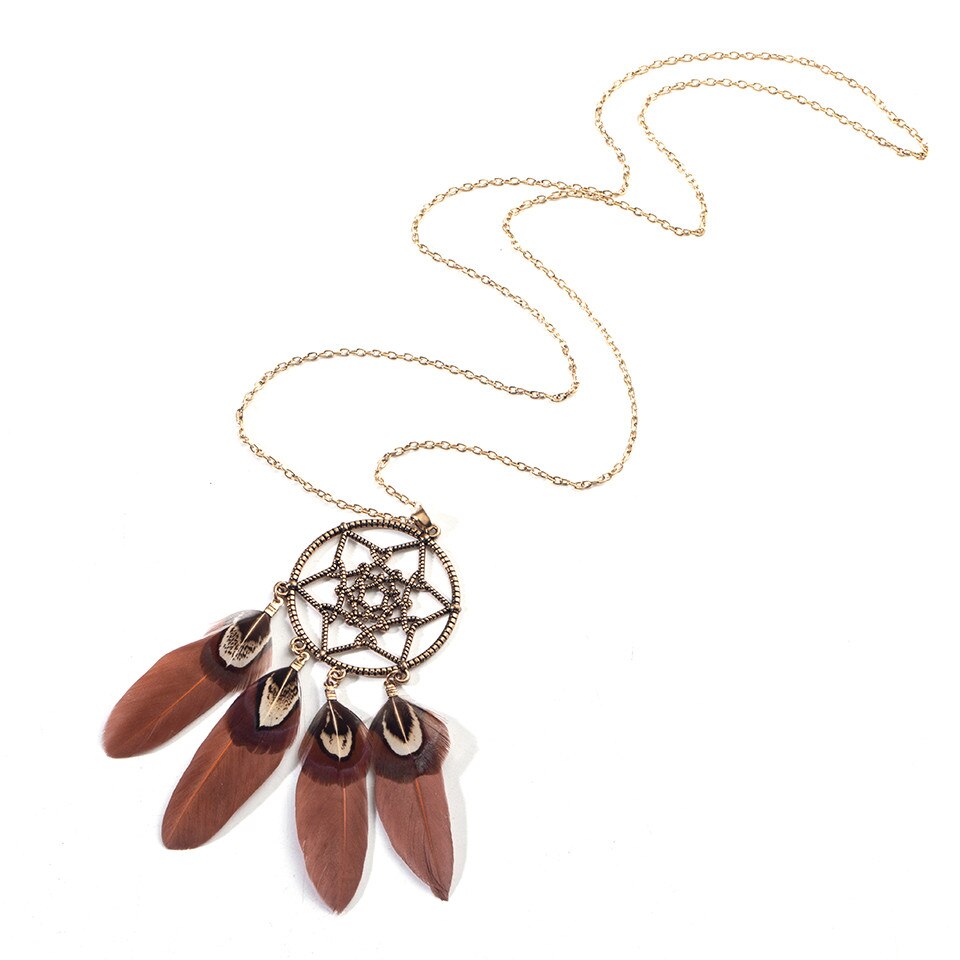 Ethnic Long Black Brown Feather Leather Chain Necklaces for Women Girls Vintage Dream Catcher Pendants Sweater Necklace Jewelry