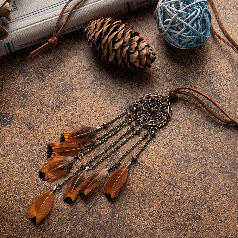 Ethnic Long Black Brown Feather Leather Chain Necklaces for Women Girls Vintage Dream Catcher Pendants Sweater Necklace Jewelry