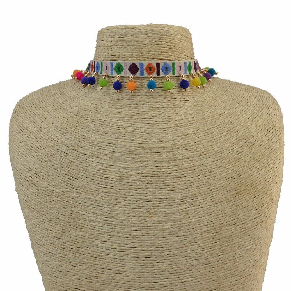 Ethnic Pom Pom Ball Necklaces for Women Bohemian Multicolors Statement Choker Necklace African Indian Tribal Party Jewelry Gift