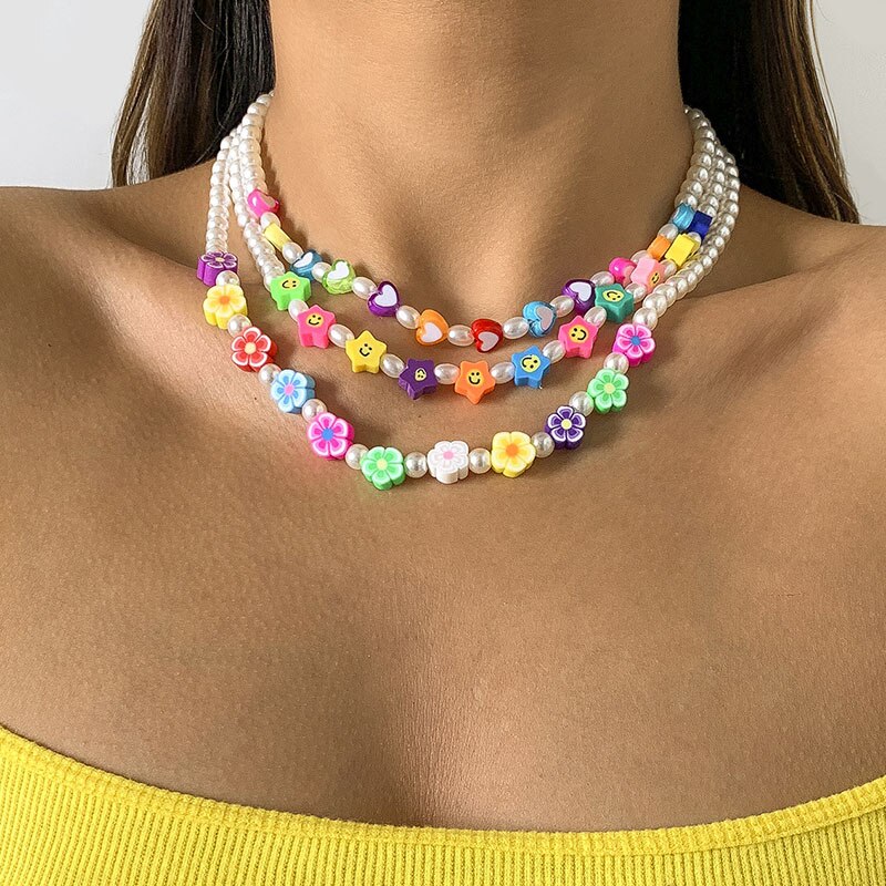 Ethnic Rural Colorful Clay Heart Star Flower Pearls Choker Necklace Women Beaded Mantra Necklaces Collar Jewelry Collier Femme