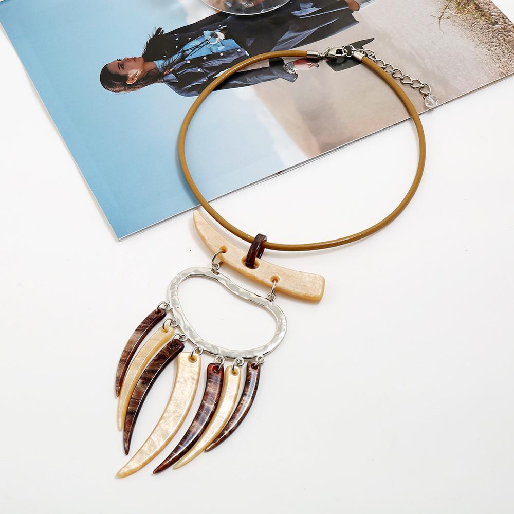 Ethnic Style Acrylic Imitation Ivory Tassel pendant Leather Rope Chain Choker necklace women Choker Statement Necklaces collares