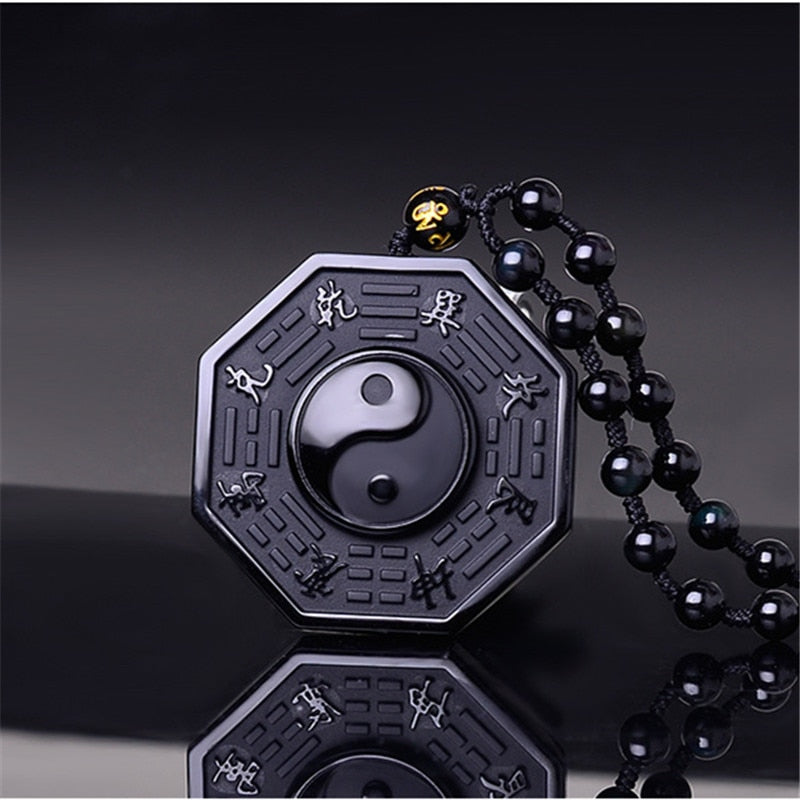 Ethnic Style Black Obsidian Taiji Gossip Pendant Necklace Yin Yang Chinese BAGUA  Bead Chain Necklace Jewelry For Woman Men