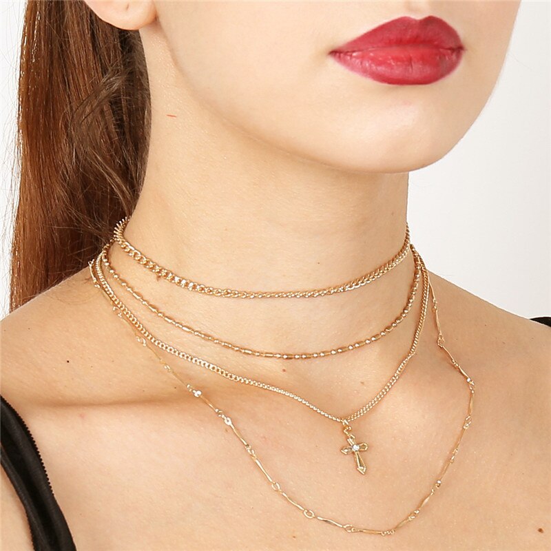 Ethnic Vintage Multilayer Crystal Choker Necklaces For Women Summer Trendy Selling Statement Necklace Kolye Bijoux