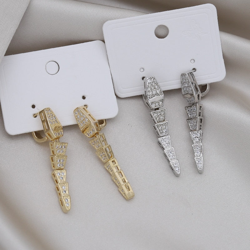 Europe America Jewelry 14K Gold plated Copper Zircon Animal Snake Earrings Elegant Women's Daily Work Accessories