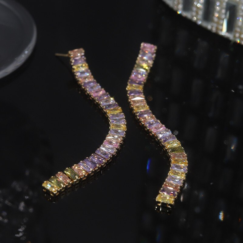 Europe America Jewelry  Full Square Colorful Zircon Long Earrings Elegant Women's Wedding Party Accessories