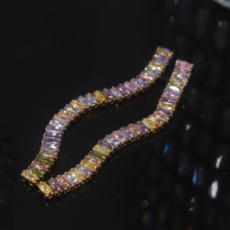 Europe America Jewelry  Full Square Colorful Zircon Long Earrings Elegant Women's Wedding Party Accessories