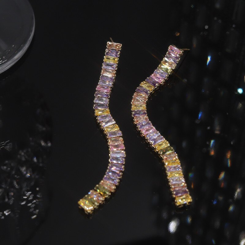 Europe America Jewelry  Full Square Colorful Zircon Long Earrings Elegant Women's Wedding Party Accessories