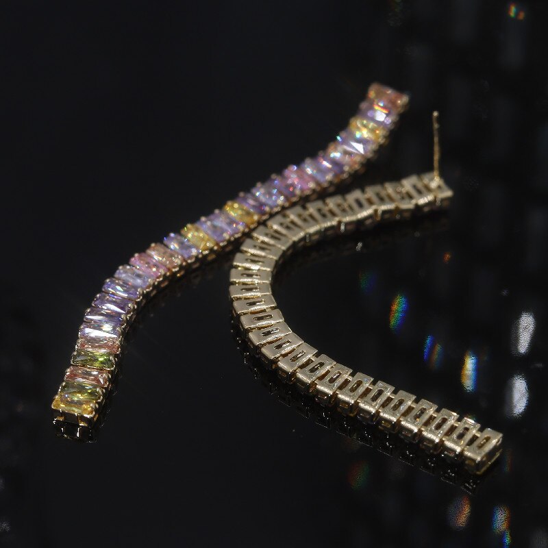 Europe America Jewelry  Full Square Colorful Zircon Long Earrings Elegant Women's Wedding Party Accessories