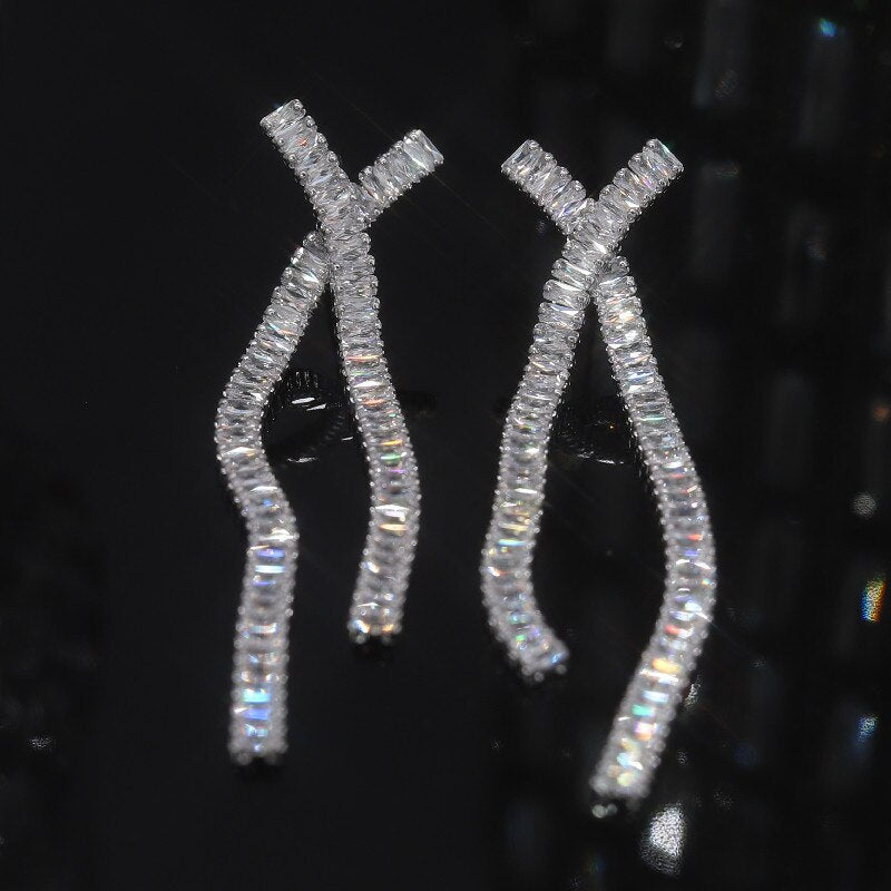 Europe America Selling Jewelry  Full Square Zircon Cross Long Earrings Elegant Women Wedding Party Accessories