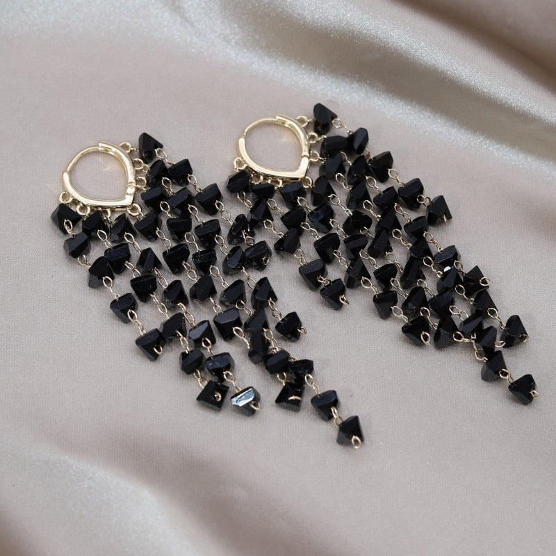 Europe America selling Jewelry  Black Crystal Long Tassel Love Earrings Elegant Women's Prom Party Accessories