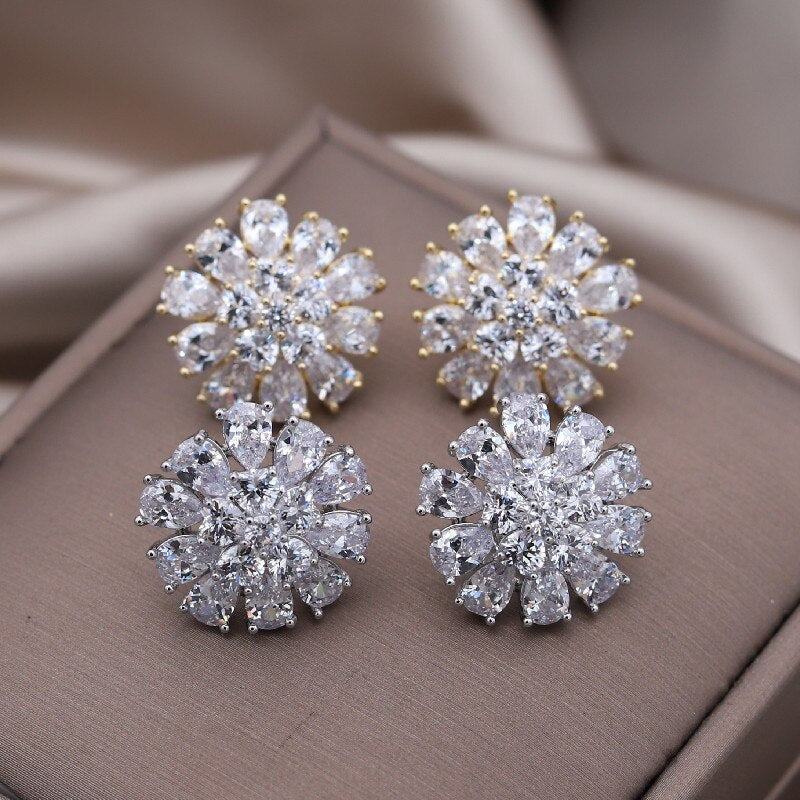 Europe America Jewelry 14 Gold Plating  Water Drop Zircon Flower Earrings Elegant Women's Party Accessories